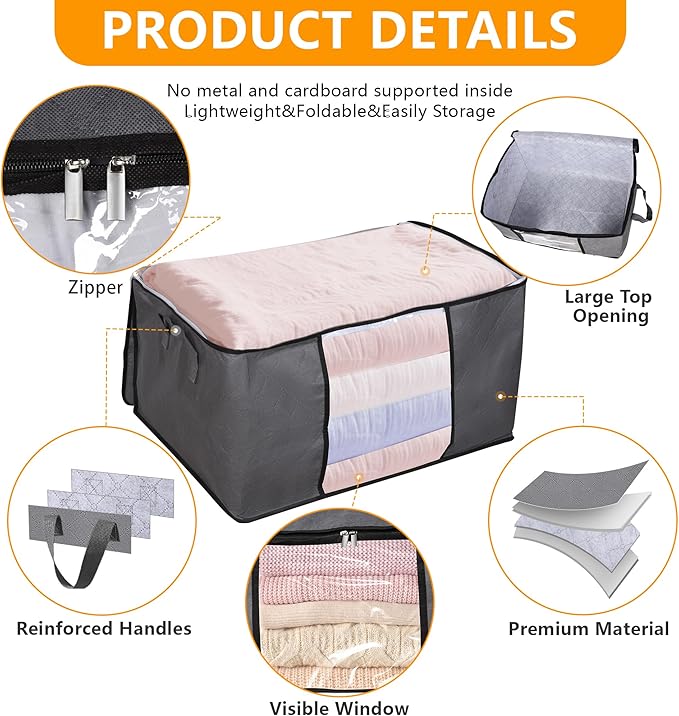 90L Large Blanket Storage Bags, 8 Pack Clothes Storage Bag Comforter Storage Bin with Reinforced Handle and Lid Foldable Closet Organizer and Storage Containers for Bedding Sheets and Duvet