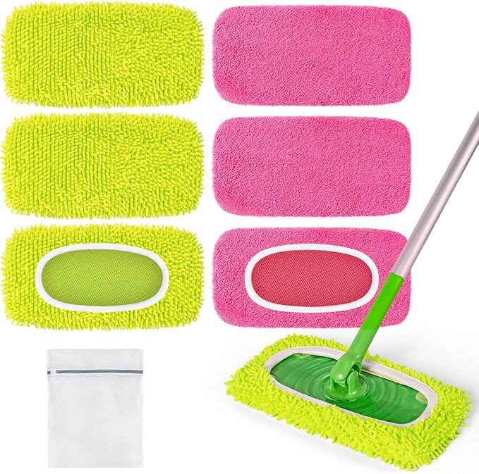 6 Pack Reusable Mop Pads Compatible with Swiffer Sweeper Mop, Washable Wet Pads Refill, Dry Sweeping Cloths, Microfiber Pads for Mopping Floors (Green, Pink)
