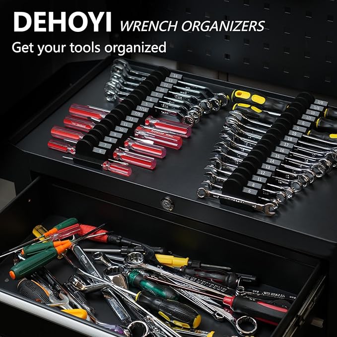 80 pcs MAGNETIC Modular Wrench Organizers for Tool Drawers - Wrench Rack with Metric & SAE Labels, Perfect Tool Storage Holder. Gift for father, brother and boyfriend (With Magent) (Black)