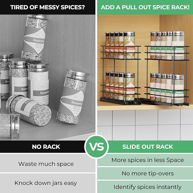 Pull Out Spice Rack Organizer for Cabinet, Slide Out Spice Racks, Easy to Install Spice Cabinet Organizers, 5.2" Wx10.43 Dx8.26 H, 2 Packs 2 Tiers(Black)