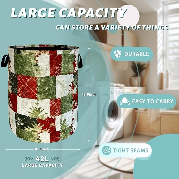 Christmas Laundry Basket Retro Red Green Christmas Tree Print Funny Laundry Hamper Foldable Oxford Cloth Tote Bag Clothe Toy Storage Bucket 18.9"x16.5"For Bathroom/Laundry Storage/Bedroom