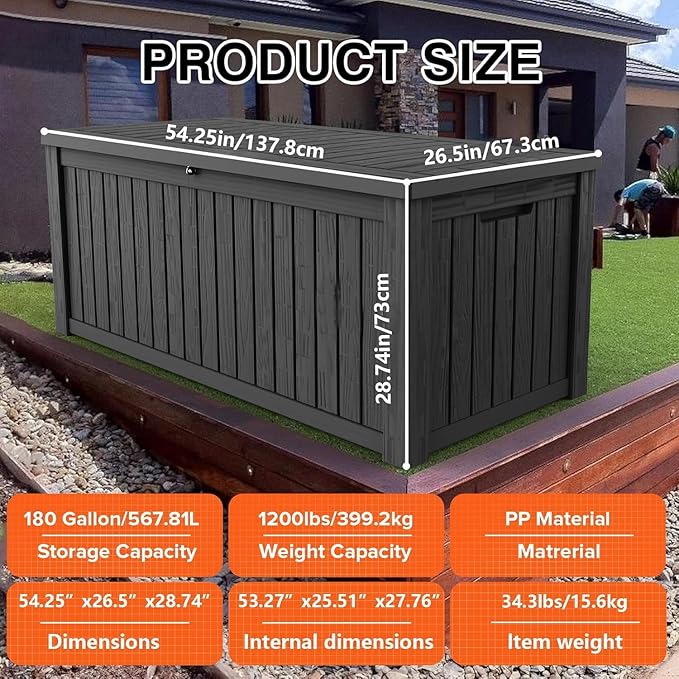 180 Gallon Lockable Resin Outdoor Storage Box, Waterproof & Weather Resistant Deck Box for Patio Cushion, Garden Tools & Pool Accessories, Black