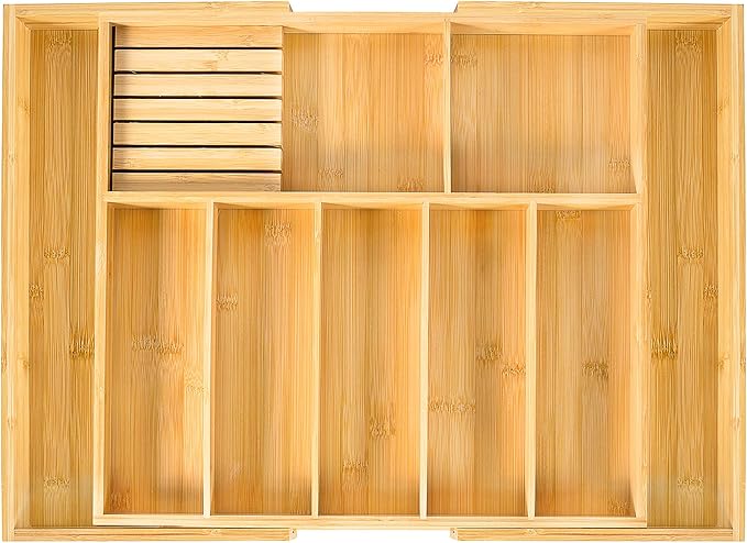 VaeFae Extra Large Kitchen Utensil Holder, Bamboo Silverware Drawer Organizer, Expandable Cutlery Organizer with Knife Block, Multifunctional Drawer Divider