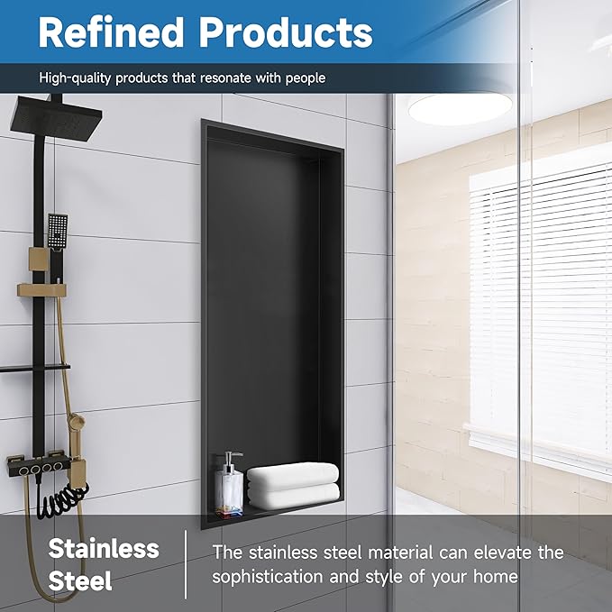BATHFINESSE Shower Niche Insert Tile Ready, Bathroom Livingroom Wall Niche, Long Shower Niche 37" X 13", Black, No Tile Needed Over Mount Installation