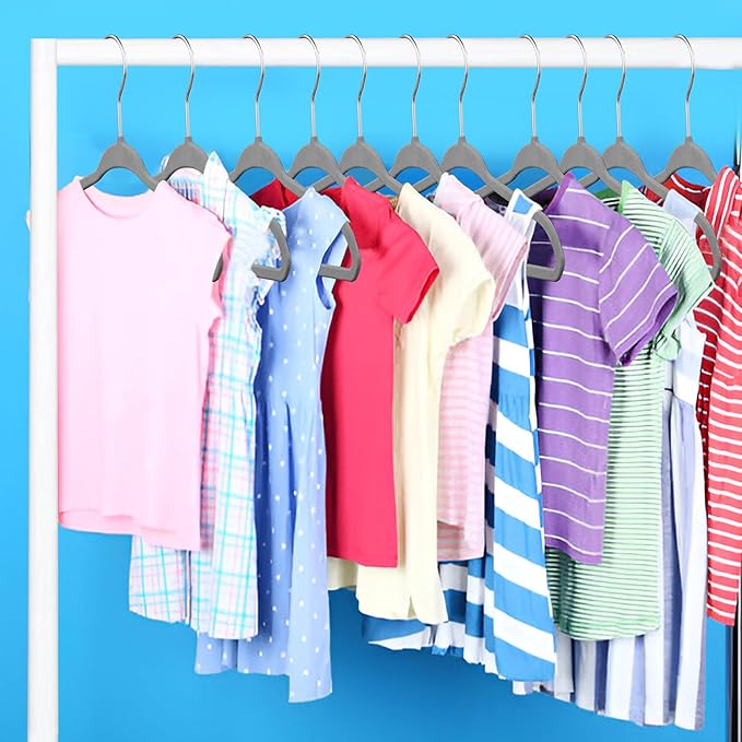 Gray Velvet Kids Hangers 50 Pack, 10.83" Non-Slip Baby & Toddler Hangers for Clothes, Space-Saving Slim ABS Plastic with 360° Swivel Hook & Notched Shoulders, Up to 10 lb Capacity