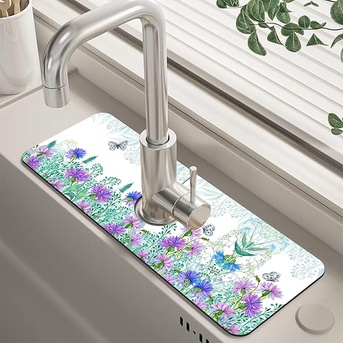 Watercolor Flowers Butterflies Kitchen Sink Splash Guard Faucet Mat Super Absorbent Fast Drying Mat Guard Behind Faucet Drip Catcher for Kitchen Bathroom, 15.5"X5.5"