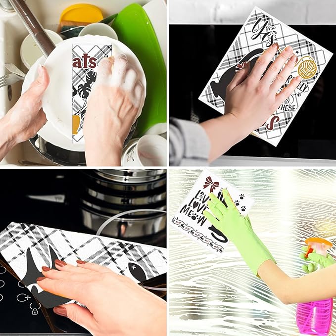Reusable Swedish Dishcloths for Kitchen, 6PCS Black Cat Theme Cellulose Sponge Paper Towels Washable, Funny Absorbent Fast Drying Swedish Dish Cloth for Home Cleaning