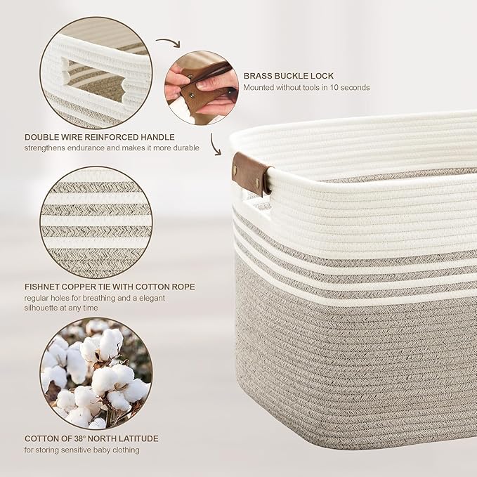 100L Extra Large Laundry Basket with Leather Handles for Living Room Storage,Woven Rope Baskets for Blanket,Kids Toy,Gifts,Wicker Hamper for Bedroom Dirty Clothes,24"x16"x14" Dark Brown