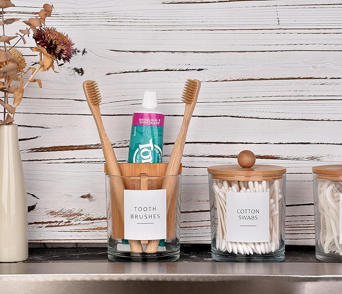Glass Toothbrush and Toothpaste Holder with Bamboo Divider for Bathroom Countertop, Toothbrush Organizer Stand for Bathroom Vanity Countertops - 1 Pack