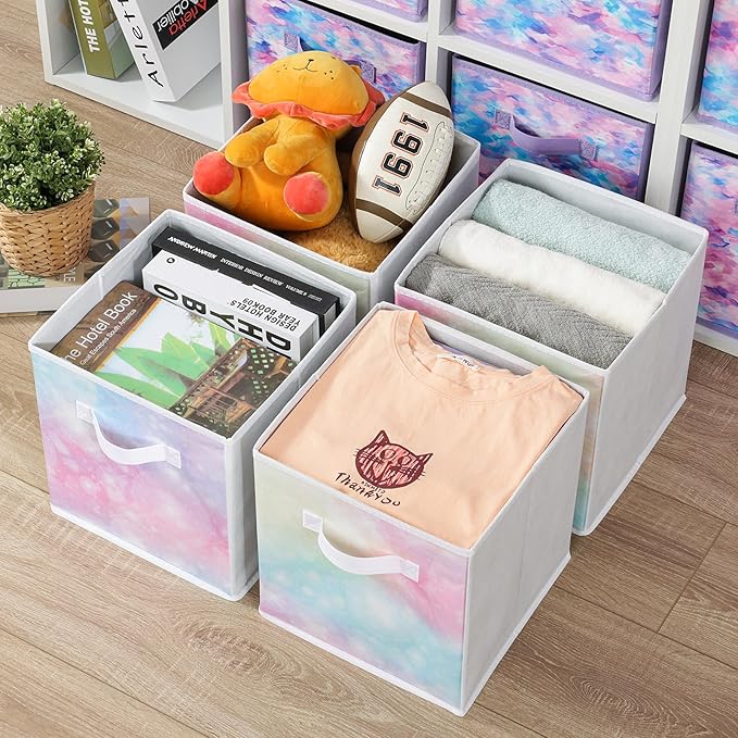 Stero Fabric Storage Cubes, 6 Pack Foldable Storage Bins Baskets with Handle, 11 Inch Box for Shelves, Closet, Organizer, Tie-dye White