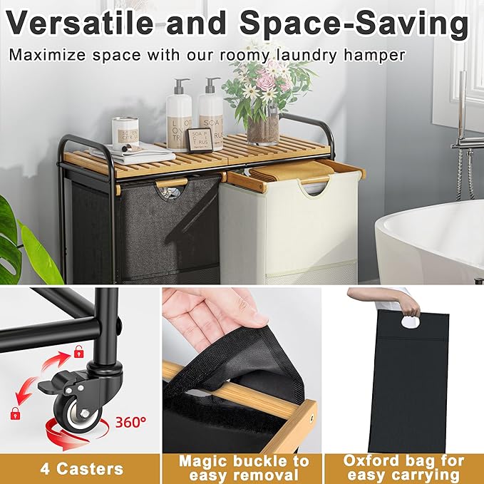 Laundry Sorter 2 Section, Laundry Hampers with Removable Shelf and Pull-Out Bags, Rolling Cart Clothes Hampers Basket with Wheels for Laundry Room Bathroom, 2 x 46 L