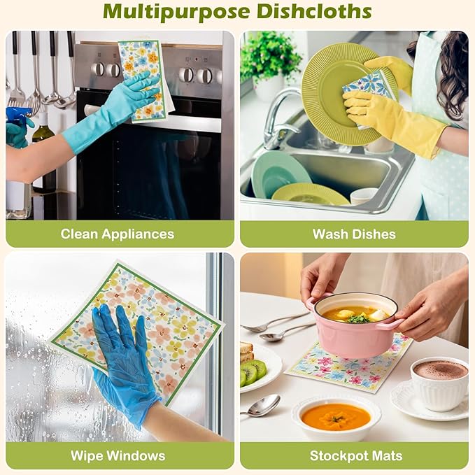 6 Packs Swedish Paper Cloths for Kitchen, Reusable Paper Towels Washable Dish Rags, Highly Absorbent Kitchen Towels Quick Drying Swedish Sponge Cleaning Dish Cloths(Orange Pink Blue Floral)