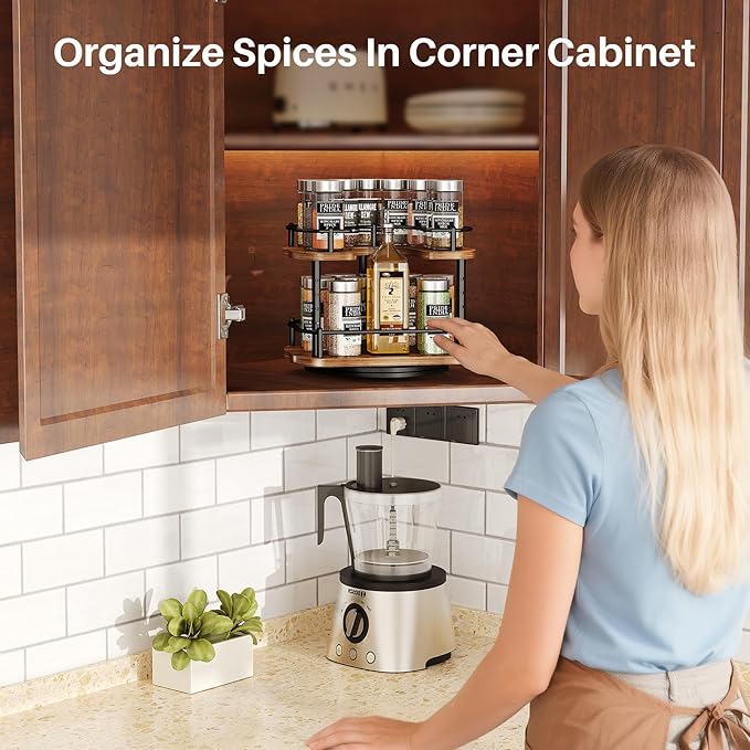Lazy Susan Organizer Spice Rack - Spice Organization for Cabinet Height Adjustable Rotating Lazy Turntable, Pantry Kitchen Wood Revolving Seasoning Organizer (9 Inch)