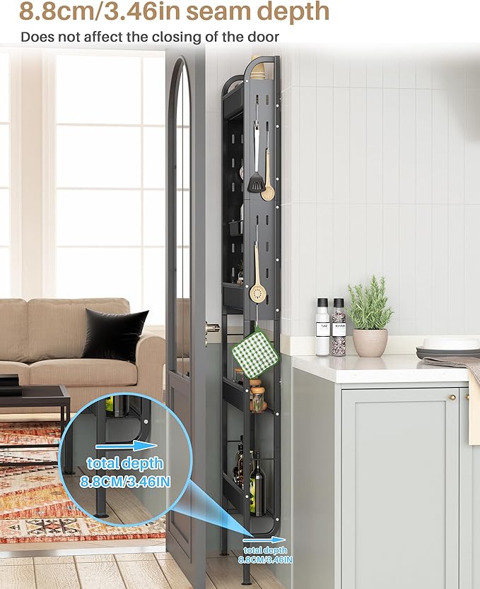 UMDONX Behind The Door Bathroom Shelf Narrow 4-Tier, Metal Storage Rack, Space-Saving Slim Storage Shelf Narrow Shelving Unit for Bathroom and Kitchen Black