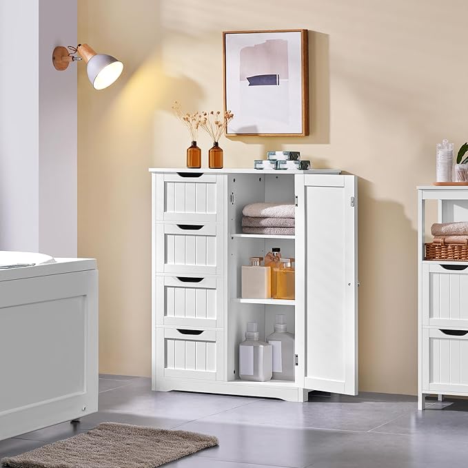 Yaheetech Large Bathroom Floor Cabinet with 4 Dawers and Single Door Cabinet, Freestanding Storage Cabinet for Living Room Kitchen Hallway, White