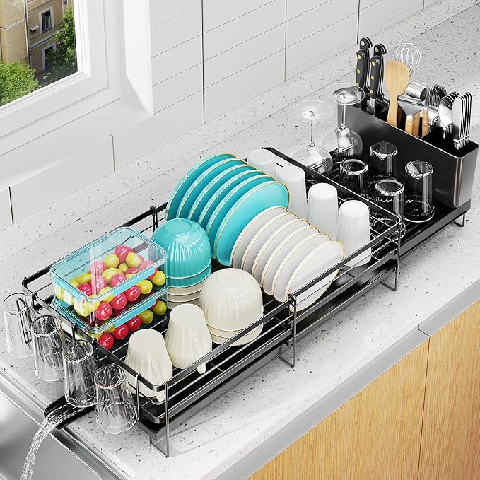 Large Dish Drying Rack, Expandable Dish Rack for Kitchen Counter, Dish Drainer with Drainboard Set, Multifunctional Dishrack with Utensil Holder & Cup Holder, 13.4"-28.7" L x 11.8" W, Black