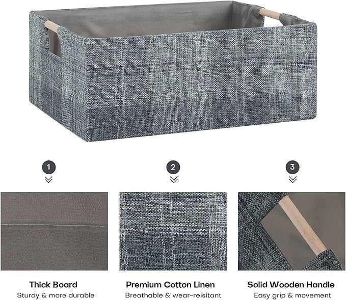Fabric Storage Bin Box Collapsible Cotton Linen Storage Cube with Wooden Handles Rectangular Decorative Home Organizer Clothes Blanket Basket– Dark Gray Plaid, Small