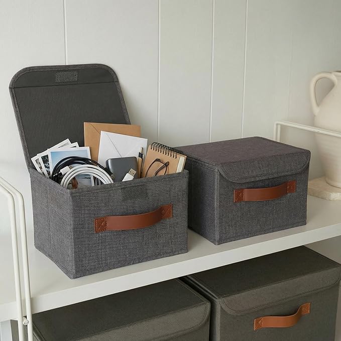 Decorative Linen Storage Boxes with Lids - Spacious Set of 2 Organizer Bins for Your Home Decor - The Perfect Small Container to Safely Store Photos, Documents and Memory Box Keepsakes in Style