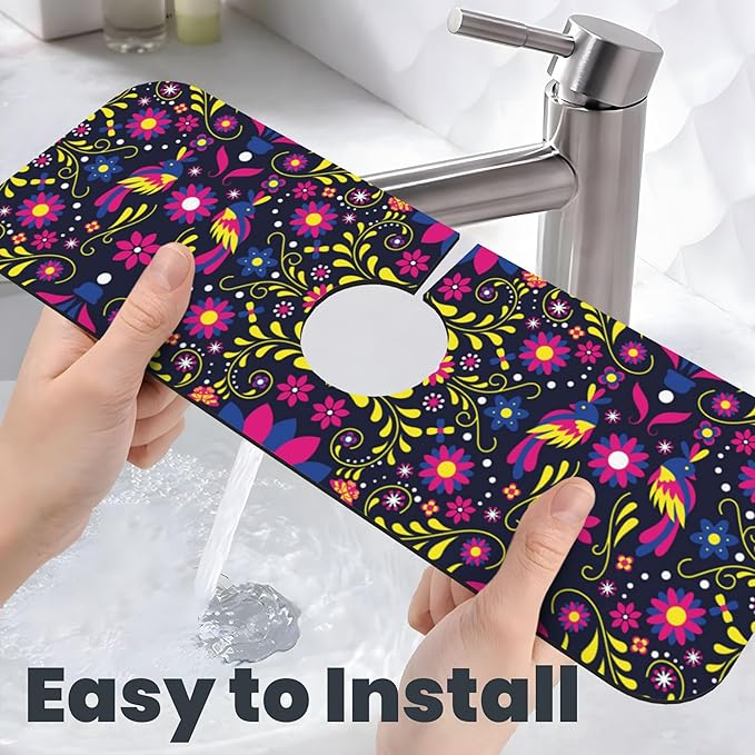 3Pcs Mexican Floral and Bird Dish Drying Mat & Kitchen Sink Splash Guard Faucet Mat For Kitchen Counter Absorbent Microfiber Dishes Pad Dish Drainer Rack Mats Fast Dry Kitchen Accessories