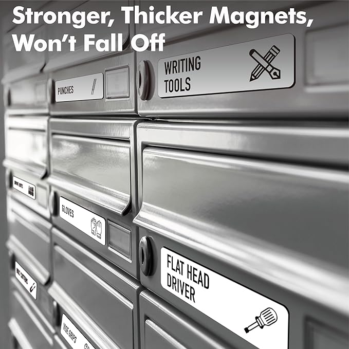 90 PCS Magnetic Toolbox Labels, 82 Pre-Printed & 8 Blanks Large Size Tool Chest Organizer Labels Strong Magnetic & Easy to Read Printing Fits All Brands of Steel Tool Box Drawers (White, 3.5” x 1”)