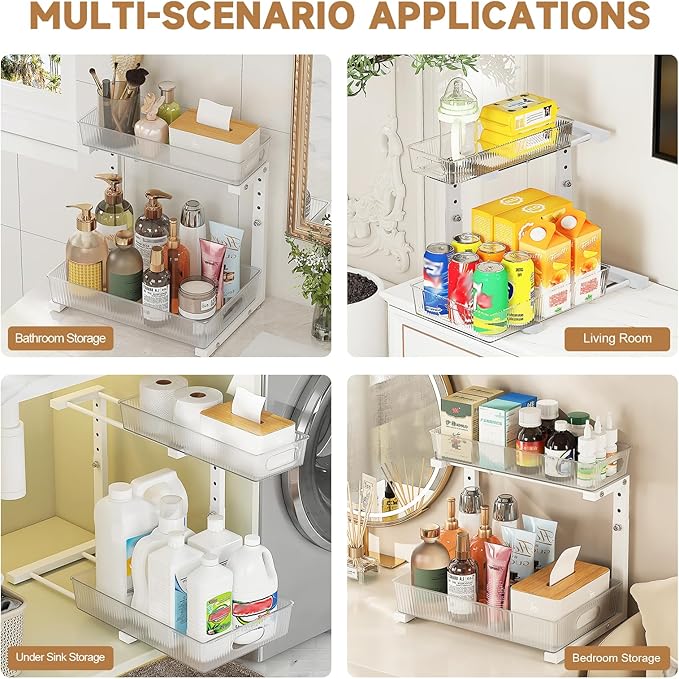 ETOYA Under Sink Organizer 2 Pack Pull Out Bathroom Cabinet Countertop Organizer 2 Tier Slide Out Kitchen Organizers and Storage Bathroom & Laundry Under Under Sink Shelf- White