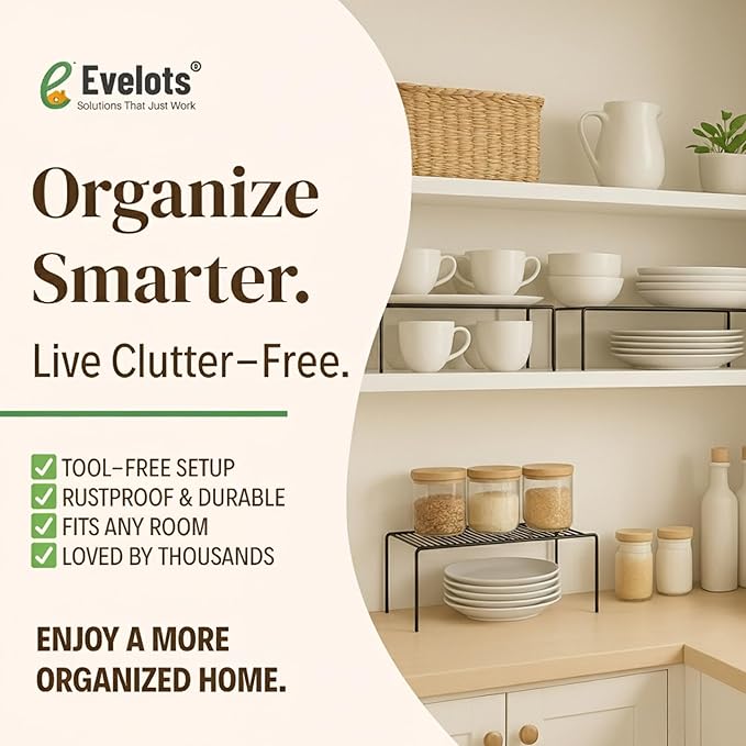 Evelots Kitchen Cabinet Wire Shelf Organizer/Rack - 6 Pack Sturdy Metal Shelf Risers - Double Your Counter Space - Great for Kitchen, Freezer, Pantry and Bathroom - Rustproof - Black