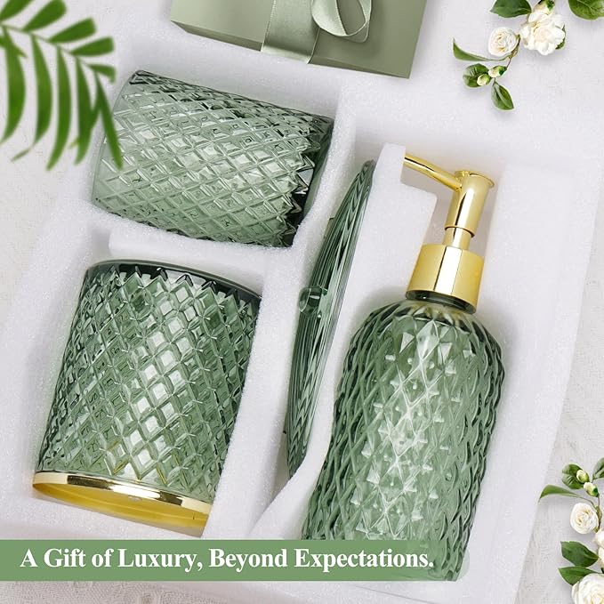 Green Bathroom Accessories 4Pcs of Glass Bathroom Counter Organizer Set,Toothbrush Holders, Soap Dispenser, Apothecary Jar, Vanity Tray, Bathroom Decor Gifts