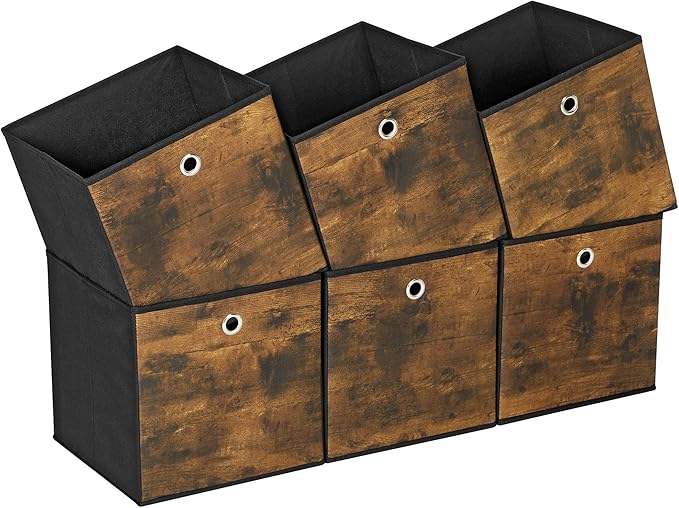 SONGMICS Storage Cubes, Set of 6 Storage Bins with Handles, Foldable Oxford Fabric and Non-Woven Fabric Storage Boxes, 11.8 x 11.8 x 11.8 Inches, Rustic Brown and Black URFB102B01