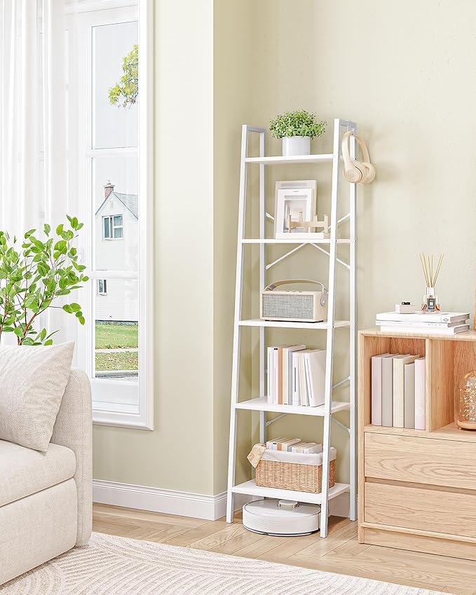 Ladder Shelf, Bookshelf Bookcase, Freestanding Corner Storage Shelve with 2 Hooks for Home Office, Living Room, Kitchen, Bedroom, Industrial, 11.8" D x 17.3" W x 63" H, White BC19213W