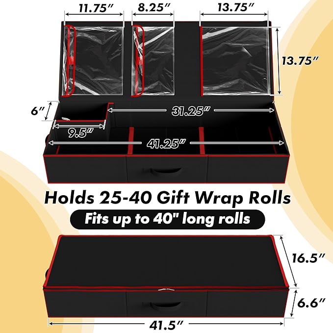 Simple Houseware 41.5" Wrapping Paper Storage Organizer - Fits 40 Rolls with Adjustable Straps, Interior Divider for Ribbons & Bows, 3 Clear Pockets for Gift Bags & Tools, 41.5''L x 16''W, Black