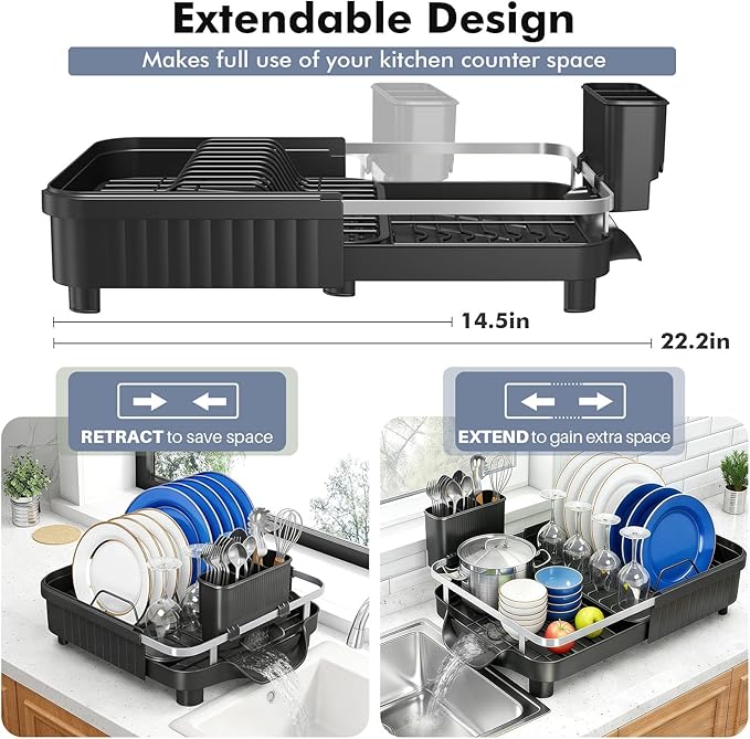 Dish Drying Rack – Expandable Dish Rack for Kitchen Counter, Stainless Steel Dish Drainer with Utensil Holder, Black