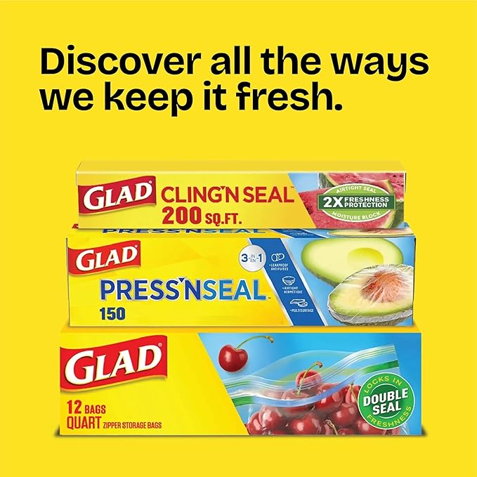 Glad Zipper Food Storage Plastic Bags, Quart, 50 Count (Package May Vary)