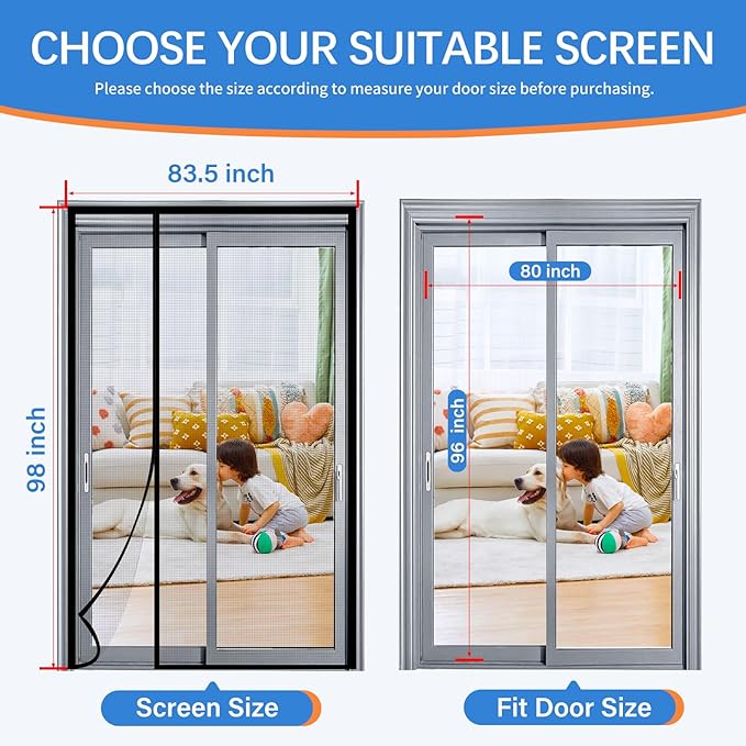 Magnetic Screen Door Mesh Left Right Side Opening Upgraded PET Material Mesh Stronger Than Fiberglass and Polyester,Keep Bugs Out,Pet & Kid Friendly,Hands Free,Fit Door Size 80" X 96"