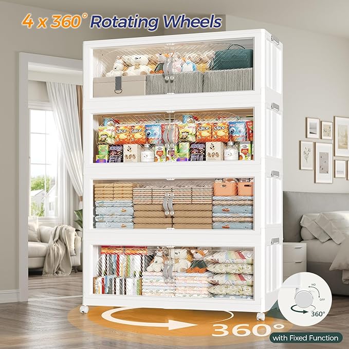 960QT Extra Large Stackable Storage Bins with Lid, 240Gal Plastic Closet Organizers and Storage Drawer, Collapsible Cabinet Box with Wheels Clear Doors for Home Kitchen Office, 6Pack White