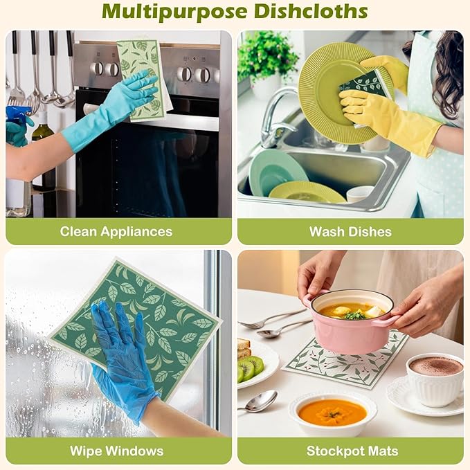 6 Packs Swedish Paper Cloths for Kitchen, Reusable Paper Towels Washable Dish Rags, Highly Absorbent Kitchen Towels Quick Drying Swedish Sponge Cleaning Dish Cloths (Plant Leaves)