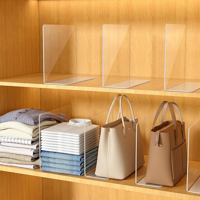 Shelf Dividers for Closet Organization – Acrylic Clear Sturdy Dividers to Keep Clothes, Sweaters & Purses Upright, Free-Standing for Wood Shelves, 10" Tall x 12" Deep, 10 Pack