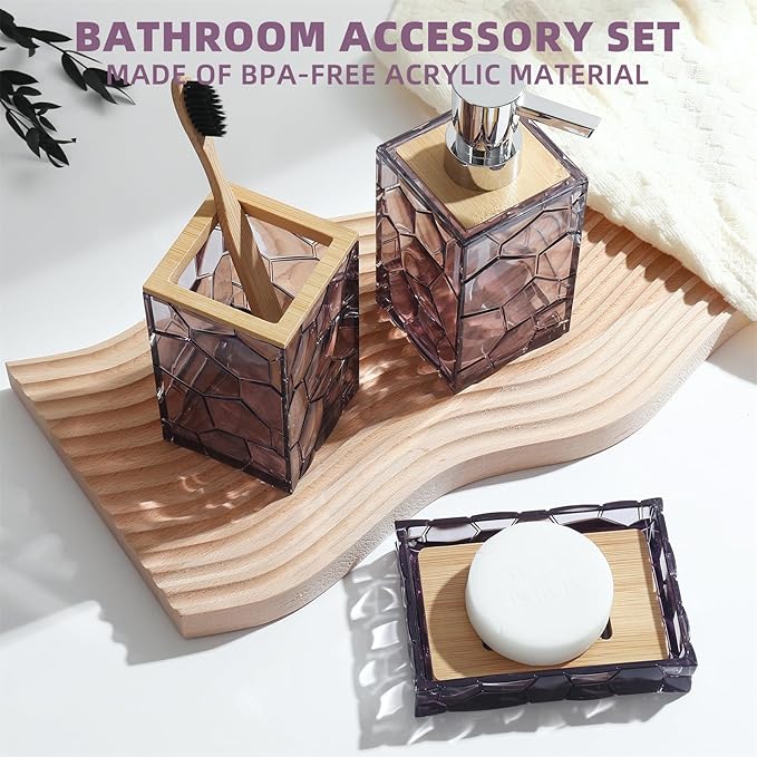 Lavender Purple Bathroom Accessories Set, Toothbrush Holder, Soap Dispenser, Cotton Swabs Holder, Soap Dish, Toilet Brush with Holder, Bamboo Bathroom Decor,Acrylic (Purple)