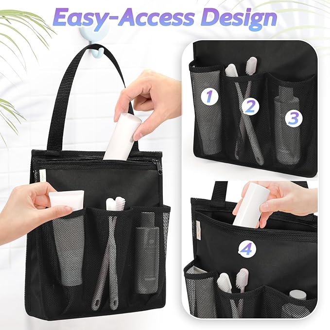 famichan Portable Shower Caddy, Gym Travel Camp Dorm Room Essentials for College Student Boy Girl，Black Bathroom Mesh Shower Bag