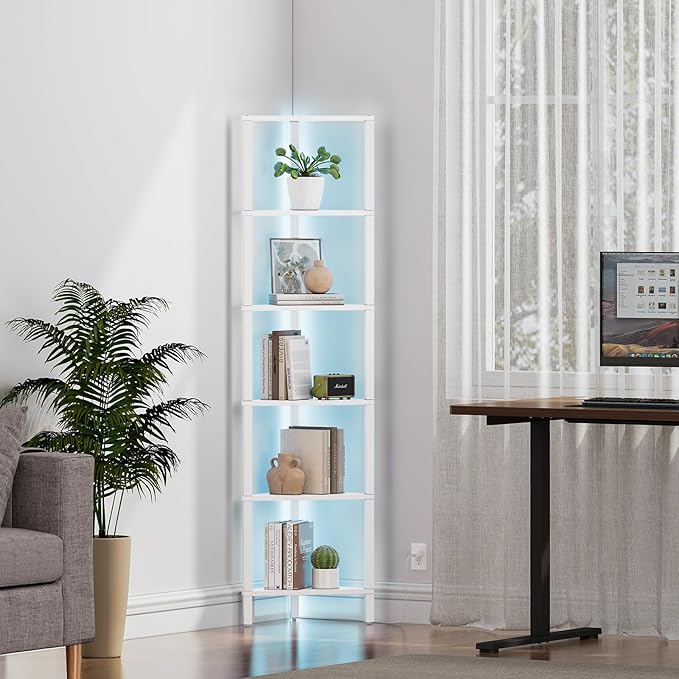 TUTOTAK 6-Tier Corner Bookshelf with LED Light,Corner Shelf for Small Space, Narrow Display Corner Shelf Stand with Storage Rack, for Living Room, Bedroom, Pure White V1BS05BW006L