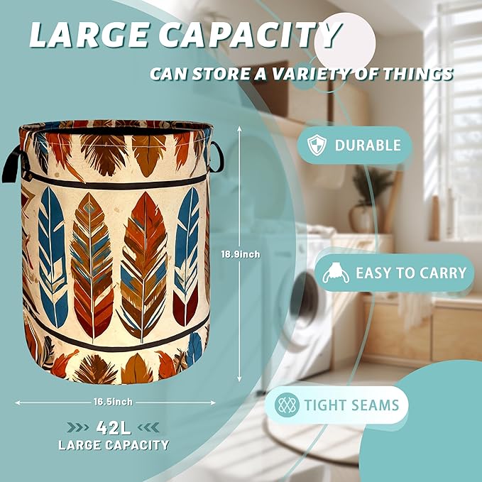 Boho Feather Print Laundry Basket Western Funny Laundry Hamper Foldable Oxford Cloth Colorful Tote Bag Clothes Toy Storage Bucket 18.9" x 16.5"For Bathroom/Laundry Storage/Bedroom