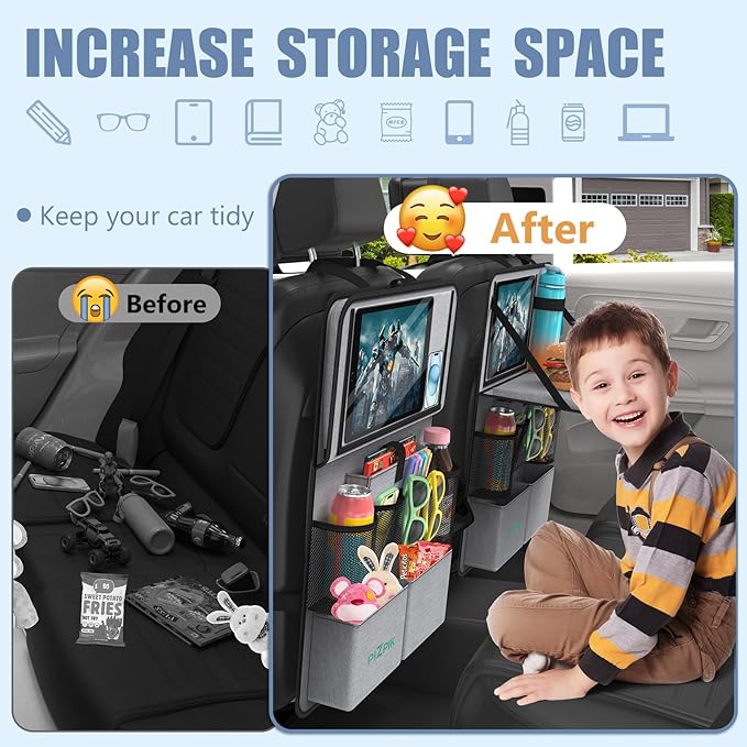 Car Backseat Organizer with Tablet Holder,11 Storage Pockets with Foldable Food Tray, Protector Kick Mats for Kids, Travel Accessories Organizer (Gray, 1Pack with Food Tray)