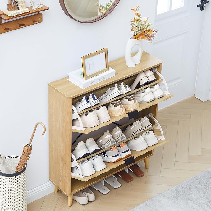 Bifins 31.5” Fluted Shoe Cabinet Storage with 2 Flip Drawers,Narrow Freestanding Shoe Storage Organizer,Slim Shoe Rack Cabinet for Entryway,Hallway (Natural)