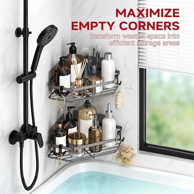 Corner Shower Caddy, 5-Pack Adhesive Shower Corner Organizer Shelves, No Drilling Stainless Steel Shower Storage Rack with Soap&Toothpaste Holder for Bathroom, Dorm and Kitchen (grey)