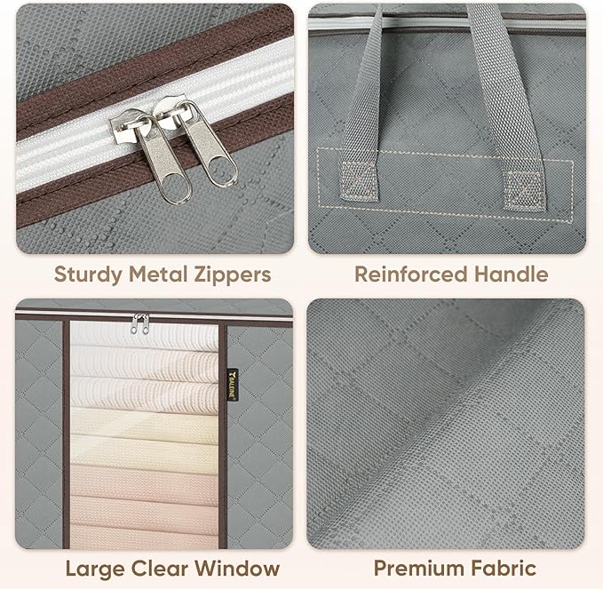 BALEINE 8 Pack Clothes Storage Bags, 16 Gallon Storage Containers with Reinforced Handle, Sturdy Zipper, Closet Organizer for Blanket, Comforter, Pillow, Bedding (Grey, 8 Pack)