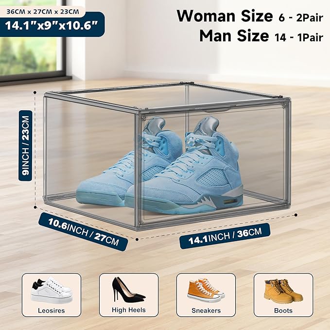 4 Pack Pure Organizer for Closet, Acrylic Shoe Box Size 14, Clear Display Case Handbag Organizer Shoe Box with Lid
