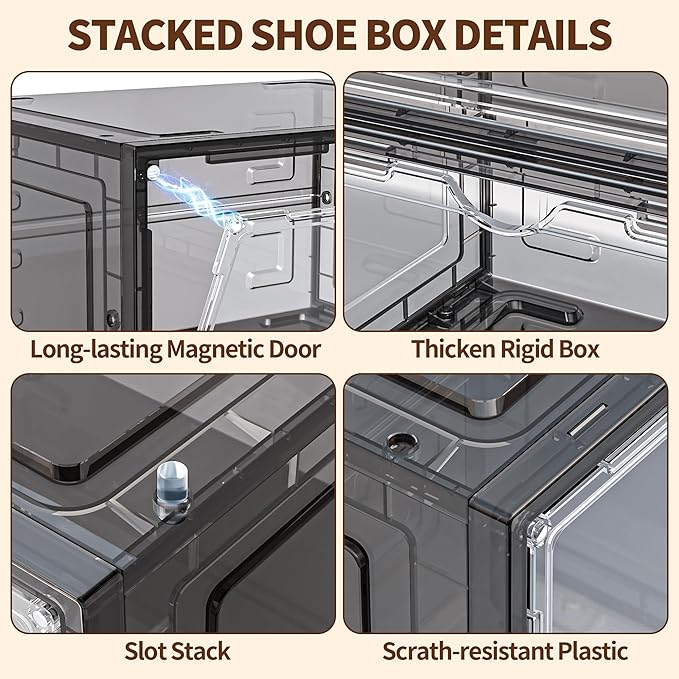 TOFWOF 8 Pack XX Large Shoe Organizer, Heavy-Duty Hard Thicken Plastic Clear Stackable Shoe Storage Box Organizer for Closet, Space-Saving Shoe Rack Display Case Bin Containers for Sneakers, Grey