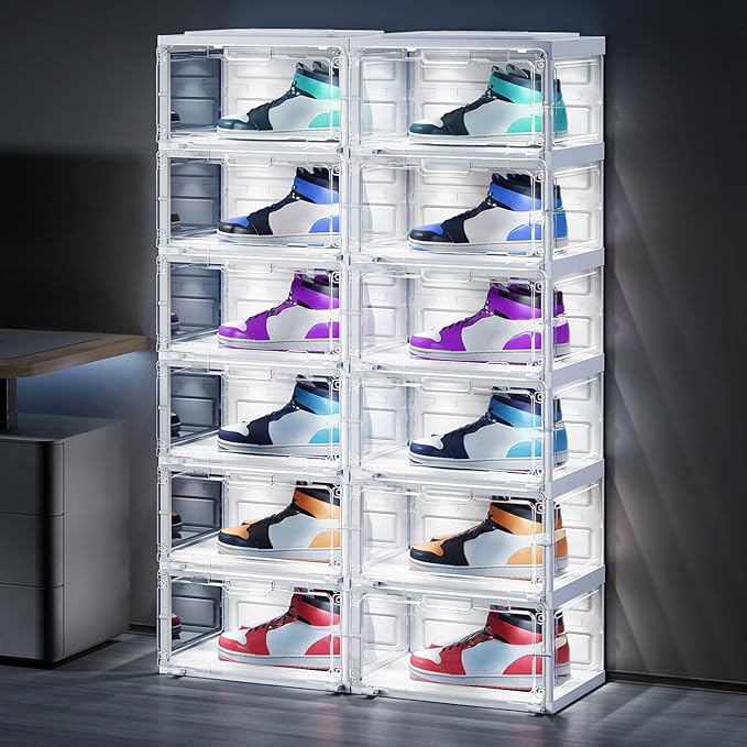 BROVIEW Led Shoe Boxes, Shoe Display Case with Lights, Large Clear Plastic Foldable Shoe Storage Box, Voice Activated Led Shoe Organizer Sneaker Case, Collection Crate, 2 Row 6 Tier White