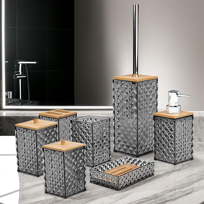Bathroom Accessory Set,7 Pcs Gray Bathroom Set Include Soap Dispenser, Qtip Holder Dispenser, Soap Dish,Toilet Brush,Toothbrush Holder & Mouthwash Cup.Boho Bathroom Set