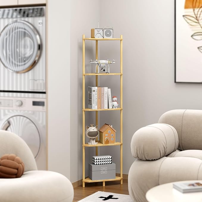 Corner Shelf Stand - 5 Tier Bamboo Small Corner Bookshelf for Office Kitchen Bedroom Plant Stand Living Room Decor Small Space (Natural, 5 Tier)