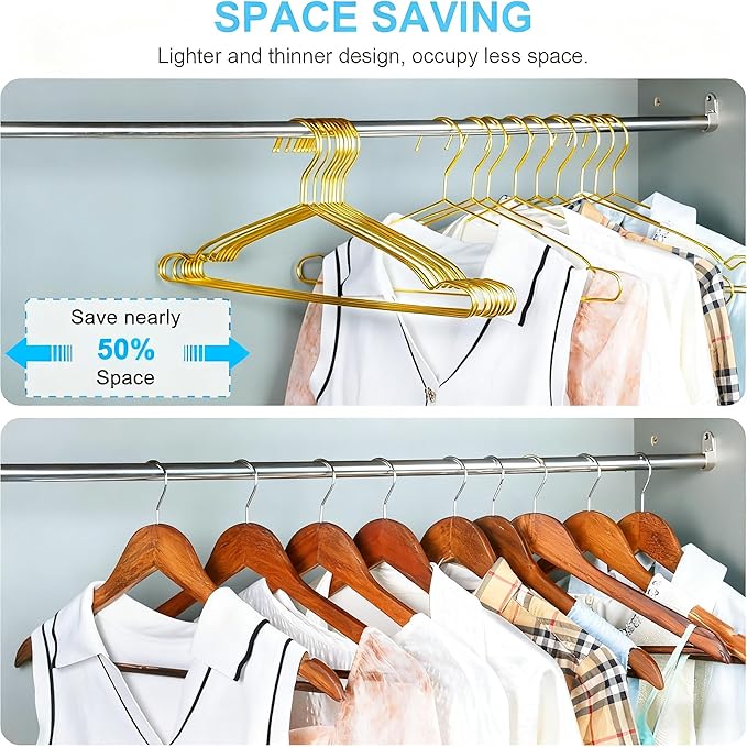 Clothes Hangers 50 Pack Coat Hangers Wire Hangars Bulk Metal Hanger Non Slip Heavy Duty Clothing Hangar Space Saving Thin Hangars Stainless Steel Hanger for Clothes, 16.5 Inch Gold